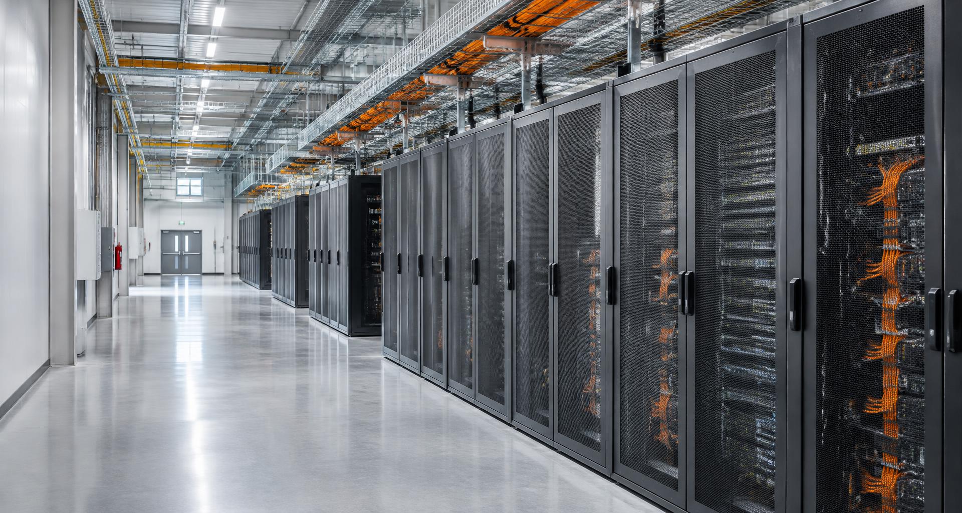 Illustrative technology infrastructure: server cabinets and overhead cable systems.